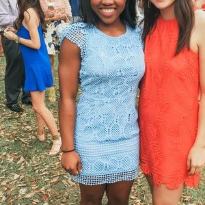 Open back, light blue dress